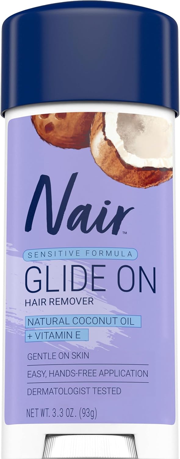 Nair Sensitive Formula Glide On, Hands-Free Applicator Hair Removal Cream with Coconut Oil and Vitamin E for Body, 3.3 oz