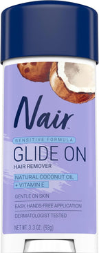 Nair Sensitive Formula Glide On, Hands-Free Applicator Hair Removal Cream with Coconut Oil and Vitamin E for Body, 3.3 oz