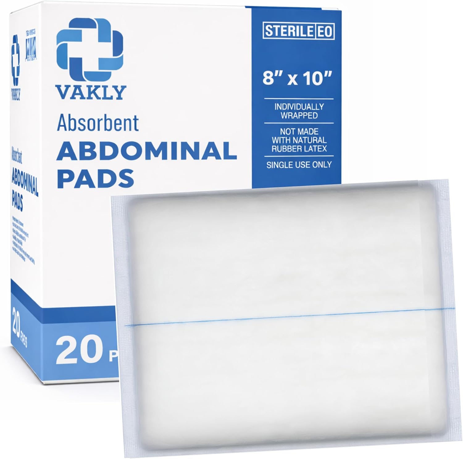 Vakly ABD Pads 8x10 Sterile (20 Pack) – Abdominal Combine Gauze Pads, High Absorbency Non-Adherent Wound Dressing for Bandaging & First Aid, Individually Wrapped