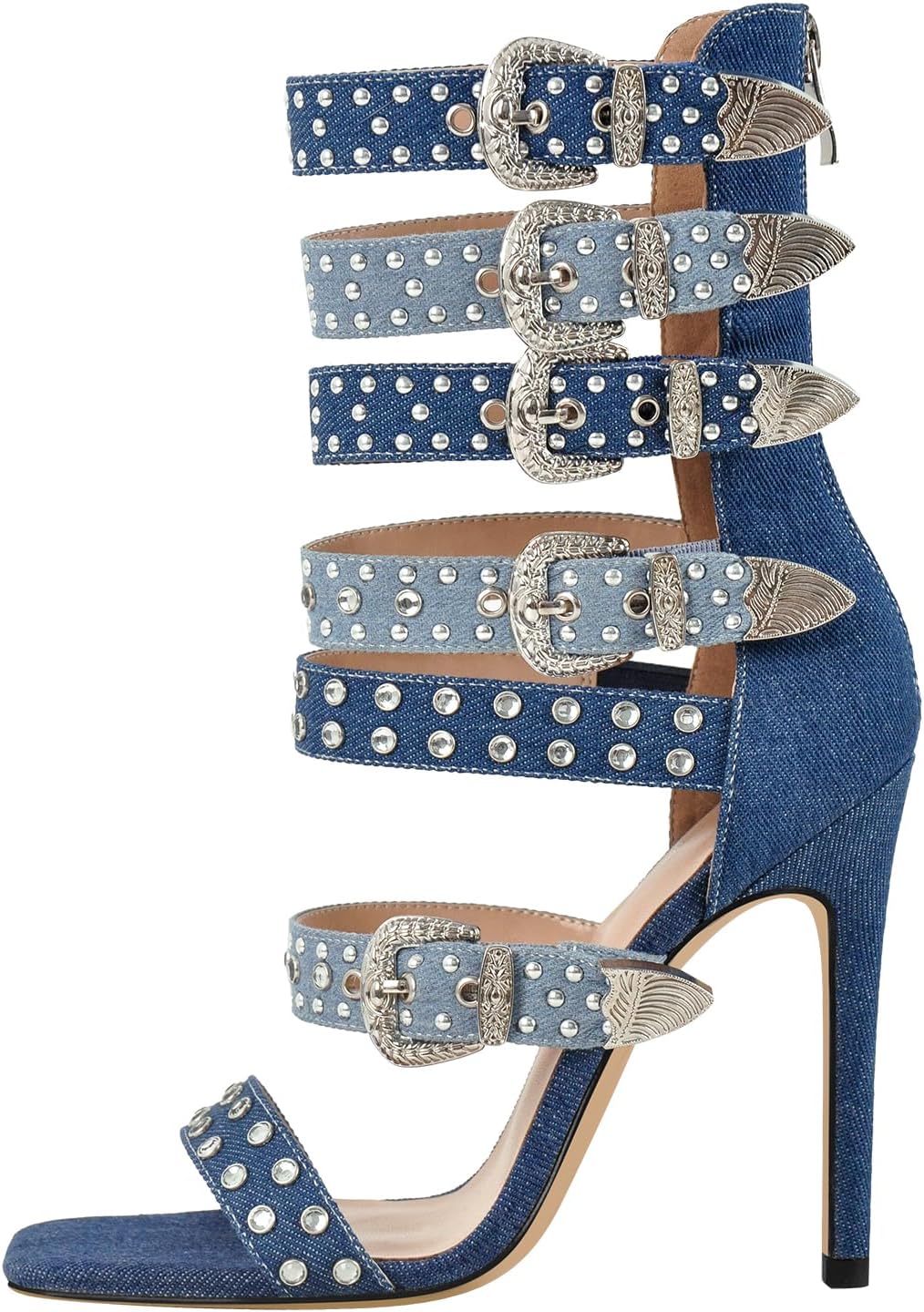 VERISSON Square Toe Rhinestone Stiletto High Heel Sandal Boots for Women – 11 cm Crystal Stiletto Heels Rivet Studded Buckle Bands, Summer Sandals with Backside Zipper Design
