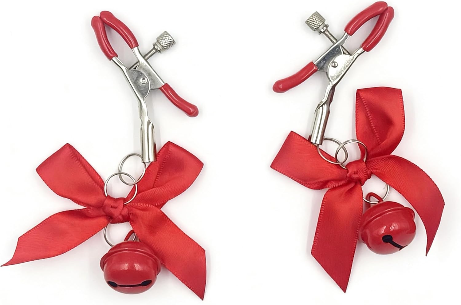 2Pcs Nipple Clamps, Adjustable Non-Piercing Body Jewelry with Bowknot Bells, Stainless Steel Decorative Clips for Women and Men (red)