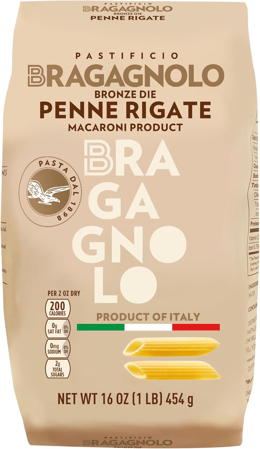Pastificio Bragagnolo, Penne Rigate 849 Bronze-Drawn, 100% Italian Pasta, Made with Durum Wheat Semolina Flour, Non GMO ( 1 Pound Bag) - Consistently al Dente.