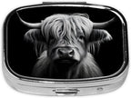 Pill Box-2 Compartment Small Pill Case Square Organizer Case with Mirror Portable Metal Medicine Box Travel Container for Pocket & Purse Women Men(Black Highland Cow)