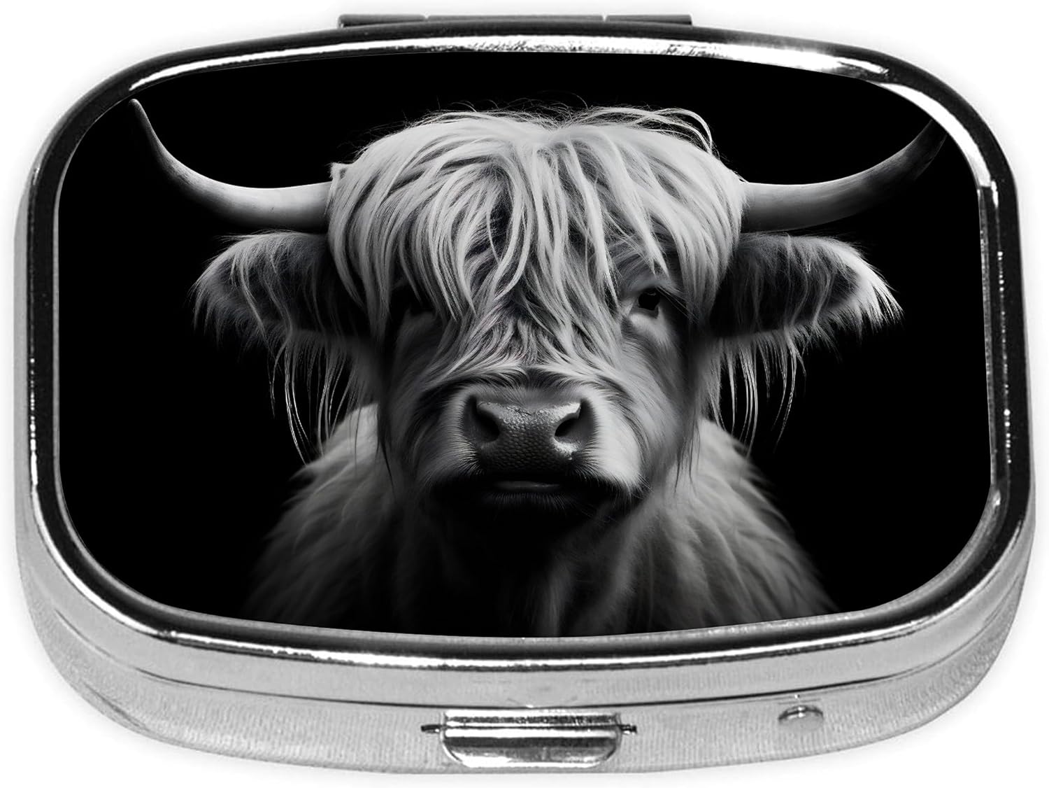 Pill Box-2 Compartment Small Pill Case Square Organizer Case with Mirror Portable Metal Medicine Box Travel Container for Pocket & Purse Women Men(Black Highland Cow)