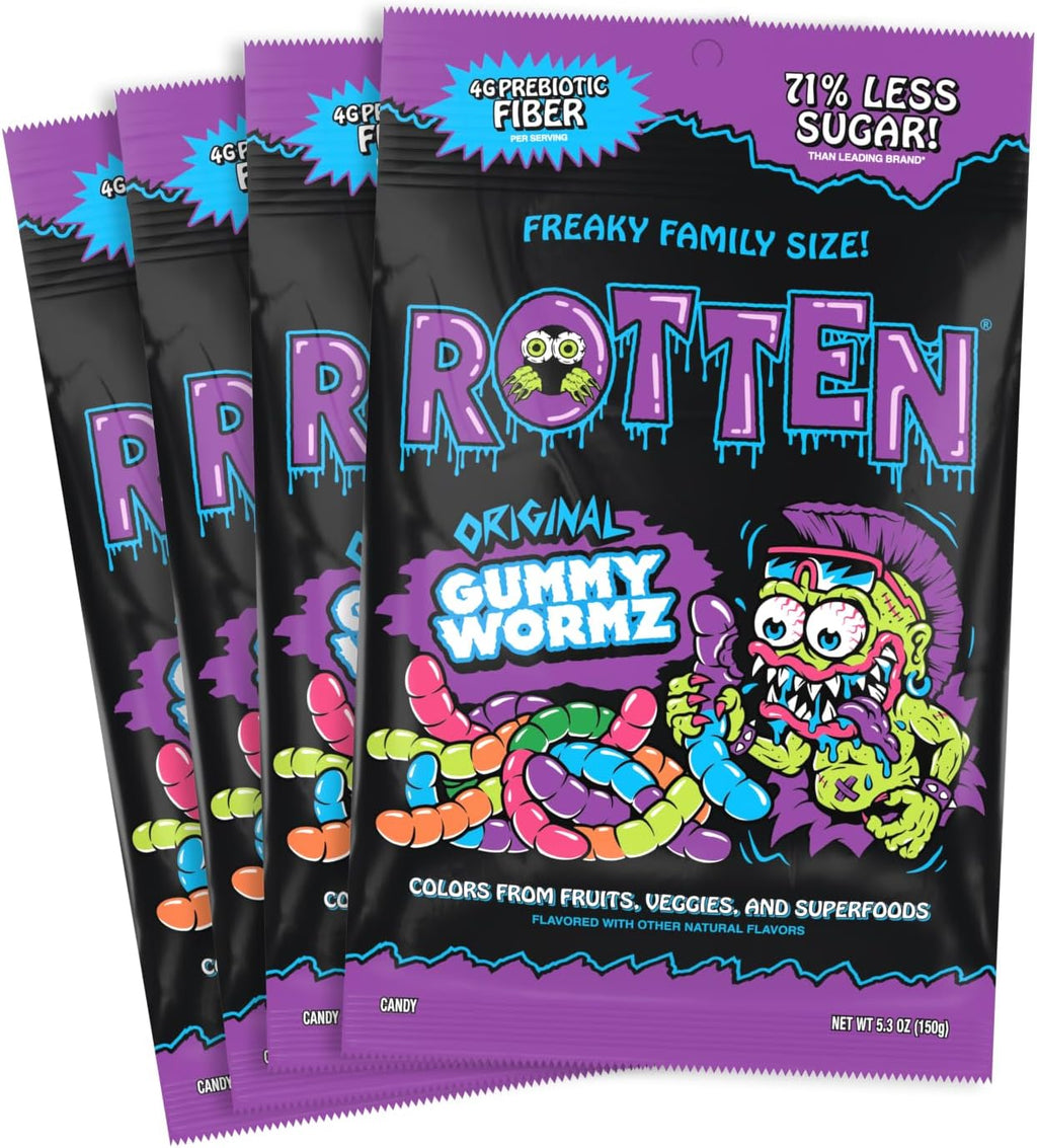 Rotten Original Gummy Worms - Low Sugar, Low Calorie, 7g Gut-Friendly Prebiotic Fiber and 3g Protein, Gluten Free Candy - 5.3 oz Share Pack [4 Pack]