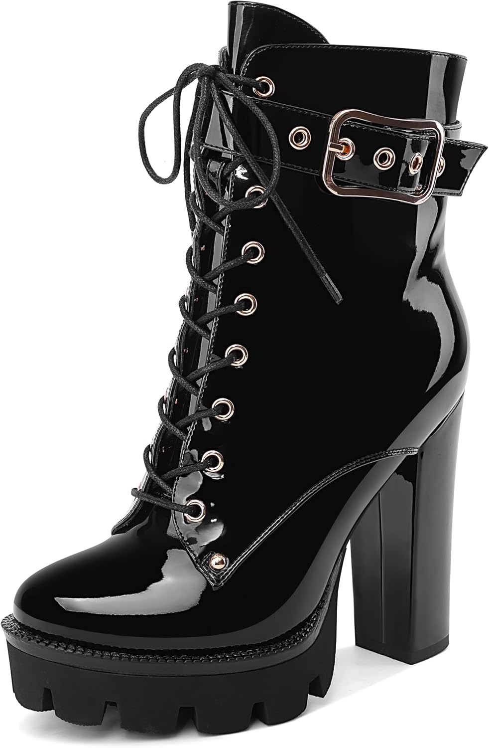 Z.Oufeier Women's Platform High Chunky Heel Combat Goth Ankle Boots Buckles Patent Leather Lace Up Block Heeled Booties