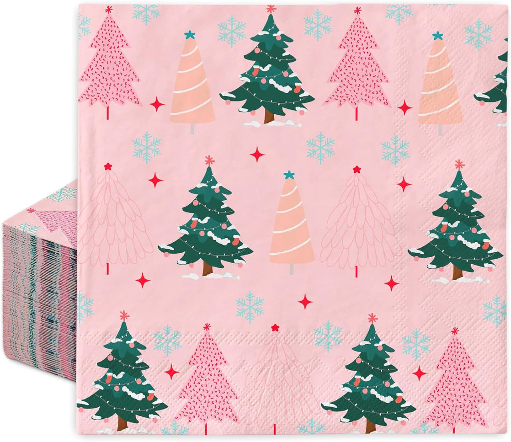 JarThenaAMCS 100Pcs Christmas Paper Napkin Pink Green Xmas Tree Disposable Luncheon Napkin Seasonal Dinner Hand Napkin for Winter Holiday Wedding Birthday Baby Shower
