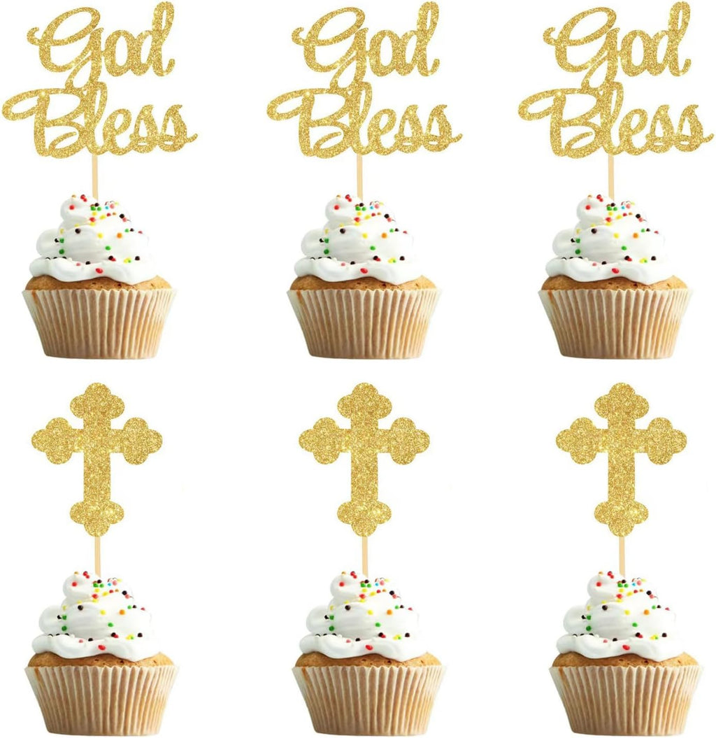 24 Pcs God Bless and Baptism Cupcake Toppers Gold Glitter Cross Cupcake Picks for Christian First Communion Baptism Party Cake Decorations Supplies
