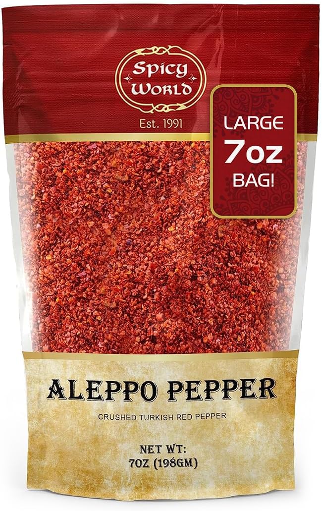 Spicy World Aleppo Pepper Flakes 7 oz | Authentic Turkish Chili Spice for Exquisite Heat & Flavor | Premium Crushed Chili Pepper from Halaby Region | Popular in Turkish & Middle Eastern cooking