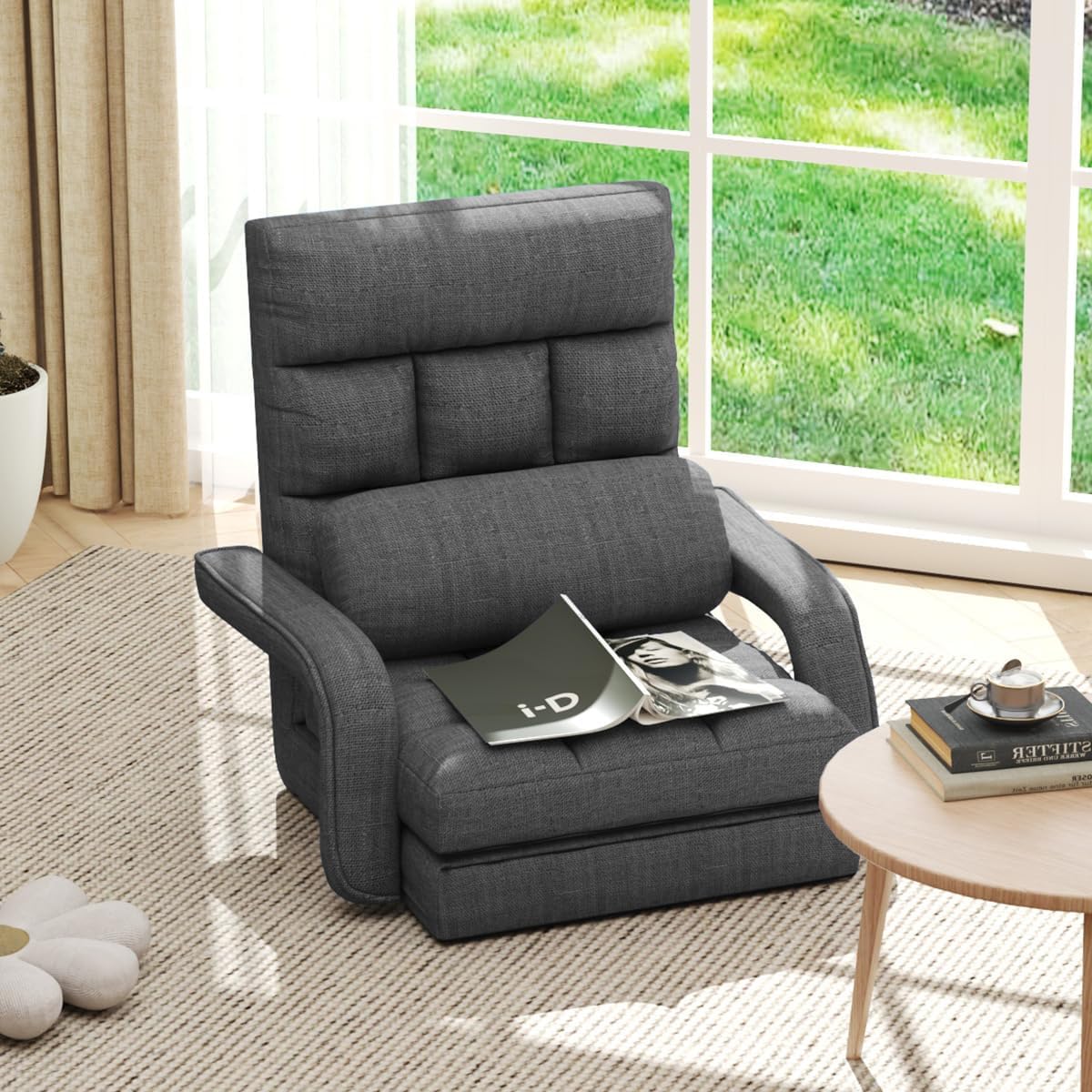 WAYTRIM 6-Position Indoor Chaise Lounge Chair, Gaming Floor Chair for Teens & Adults, Lazy Sofa for Pets with Armrest & Pillow - Charcoal