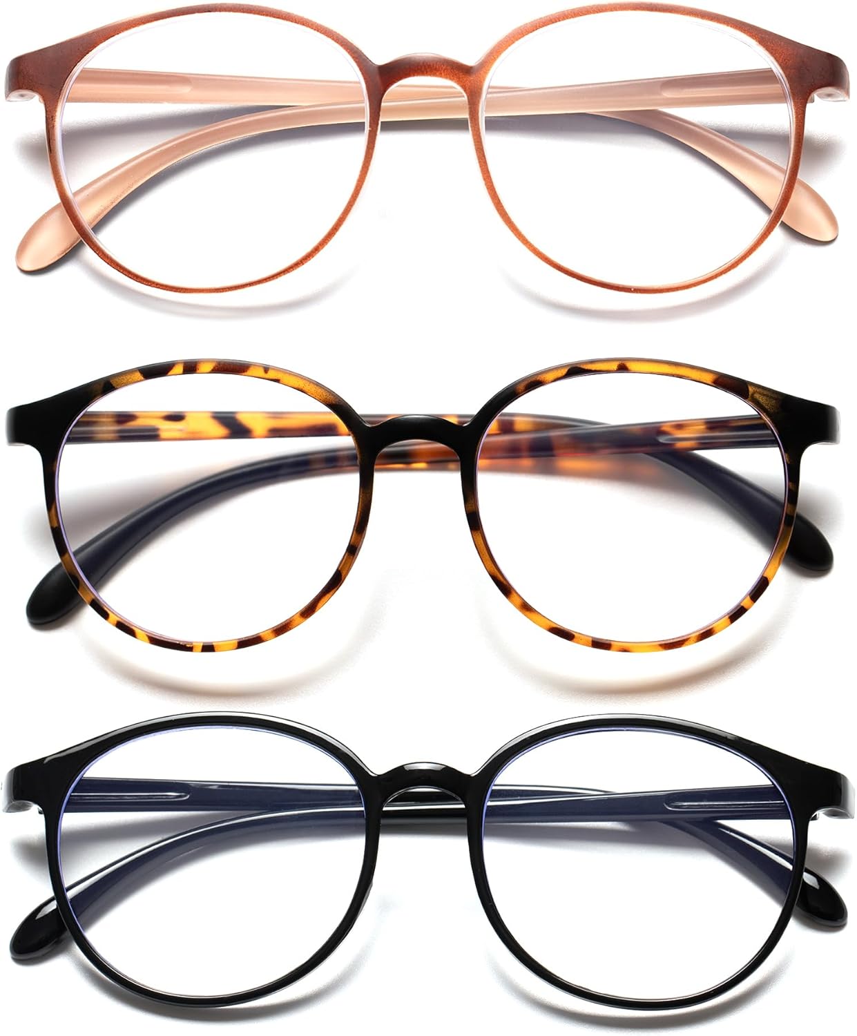 3 Pack Round Reading Glasses for Women/Men, Super Light Blue Light Blocking Readers, Retro Anti Eyestrain Eyeglasses