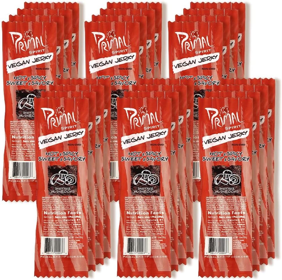 Primal Spirit Vegan Jerky “SHIITAKE MUSHROOM” – “Classic Flavor” – Hot & Spicy-Sweet & Savory, 10 g. Plant Based Protein, Certified Non-GMO, No Preservatives, Sports Friendly Packaging (24 Pack, 1 oz)