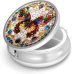 Pill Box-3 Compartment Small Pill Case for Purse & Pocket Mini Metal Pill Holder Travel Pill Container to Hold Supplements Vitamins BPA-Free (Gemstone Butterfly)