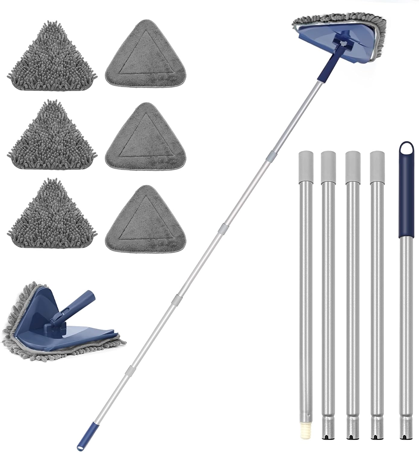 JEHONN Wall Cleaner Mop with Long Handle 82 Inches, 3-in-1 Ceiling Cleaning Tool Duster with 6 Replacement Microfiber Chenille Pads for Painted Walls, Window, Floor, Baseboard