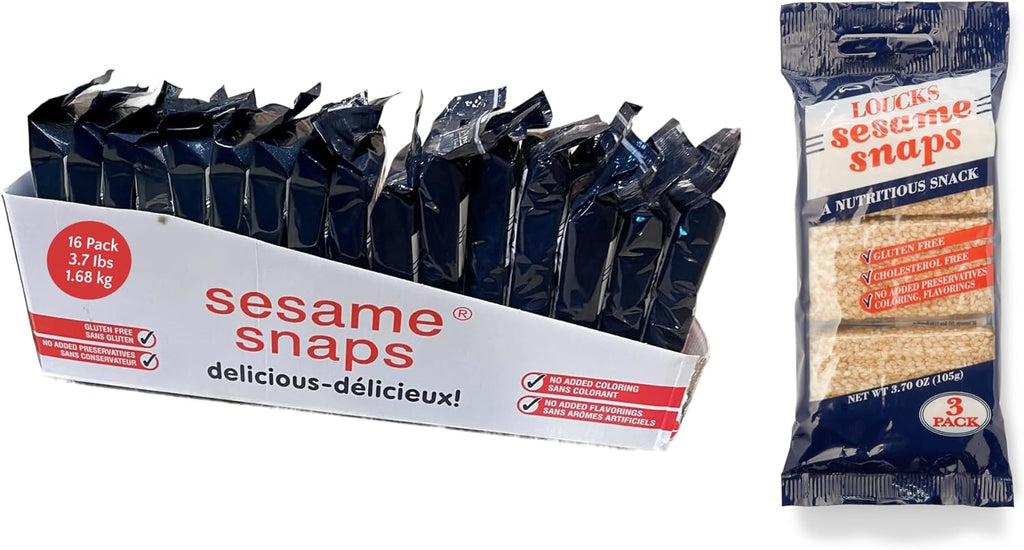Loucks Original Sesame Snaps Candy Individually Wrapped 16 Three-Packs (48 Bars, 4 Snap Pieces/Bar) Vegan, Gluten-Free, Cholesterol-Free, Kosher Sesame Seed Snack, No Preservatives, 3.7lbs 1.68kg