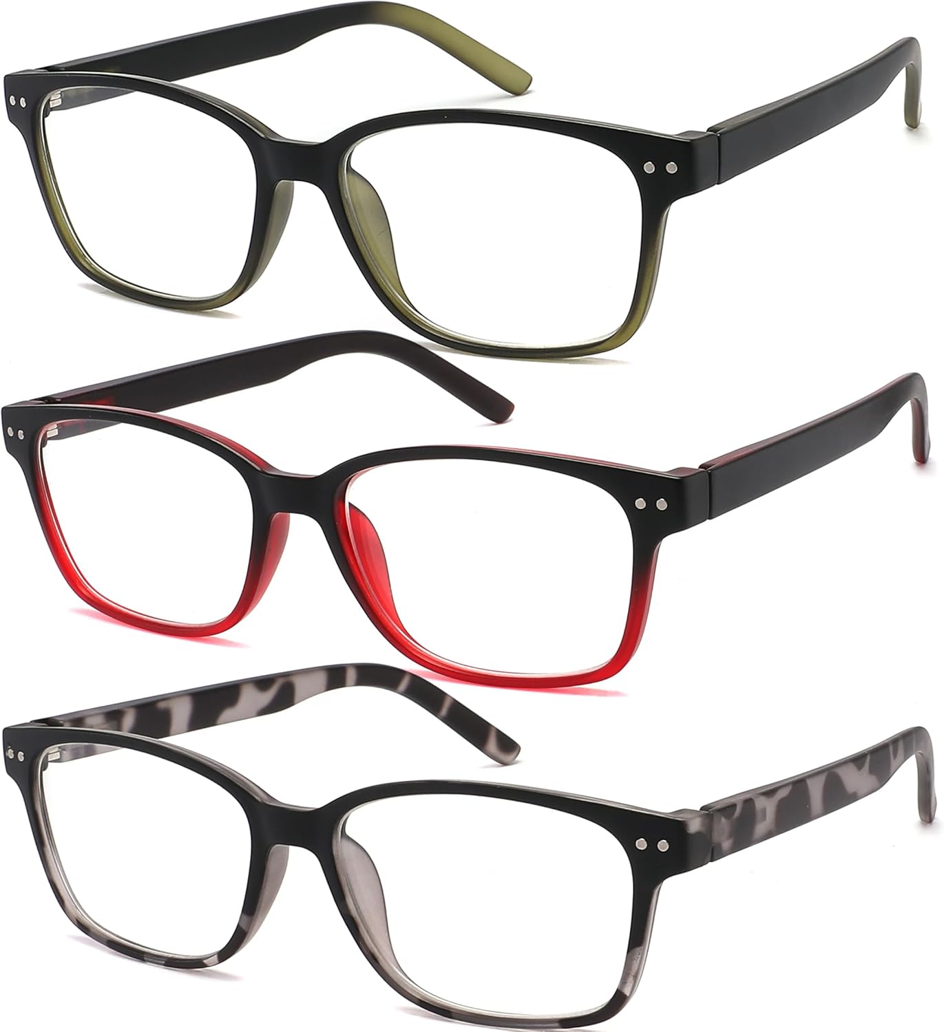 Men's Reading Glasses 3 Pack Anti-Blue Light UV Blocking Readers for Men Stylish Rivet Design TR90 Frame Spring Hinge Magnification +1.75x
