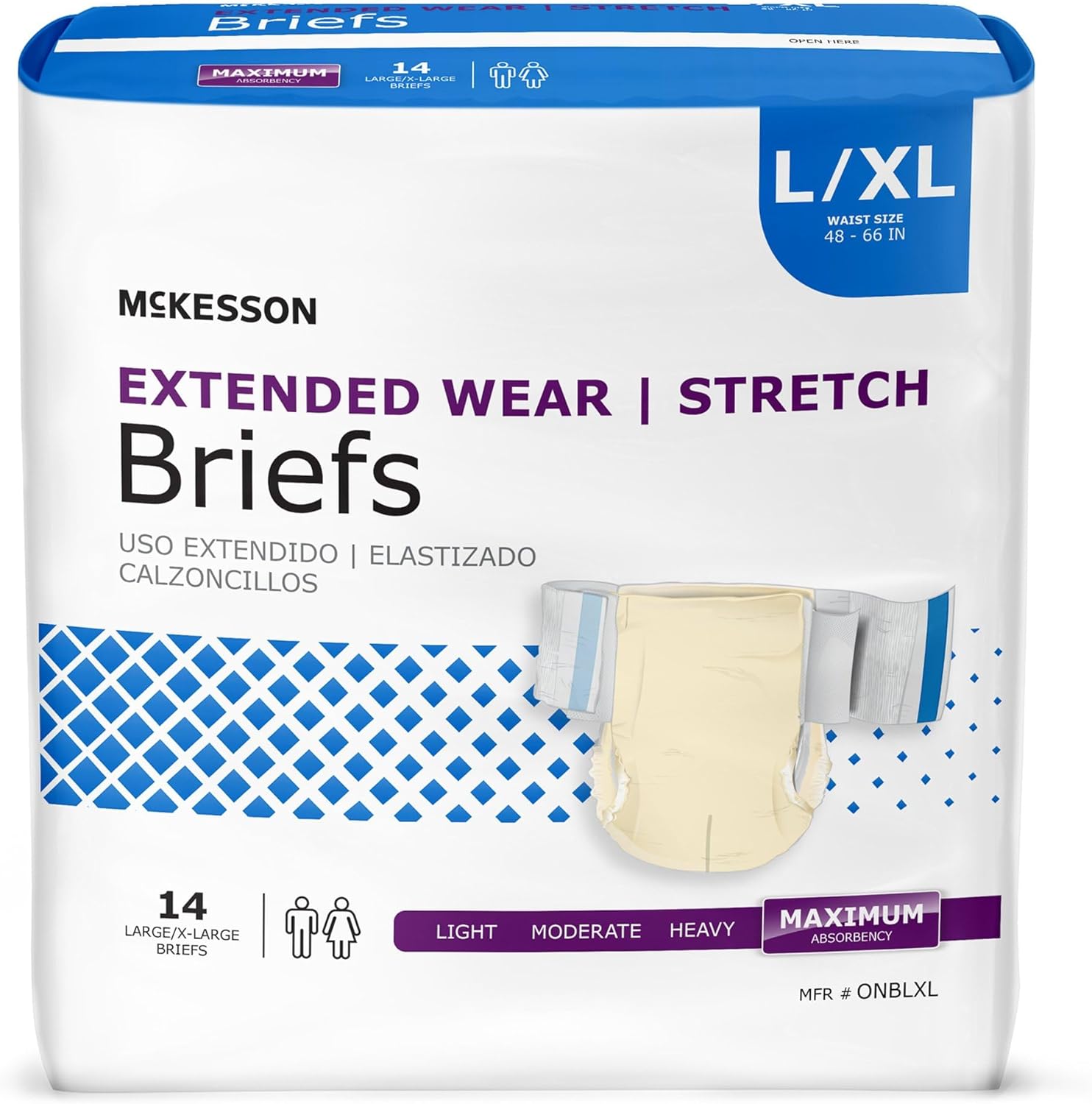 McKesson Extended Wear Stretch Briefs, 14 Count, Size L/XL (48–66 in) – Overnight Adult Diapers with Tabs, Maximum Absorbency, Unisex Disposable Incontinence Briefs for Men and Women