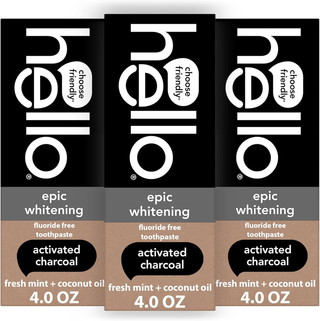 hello Epic Whitening Charcoal Fluoride Free Toothpaste, Activated Charcoal Toothpaste with Coconut Oil, Whitens Teeth Naturally, SLS Free, Fresh Mint, 3 Pack, 4.0 Oz Tubes