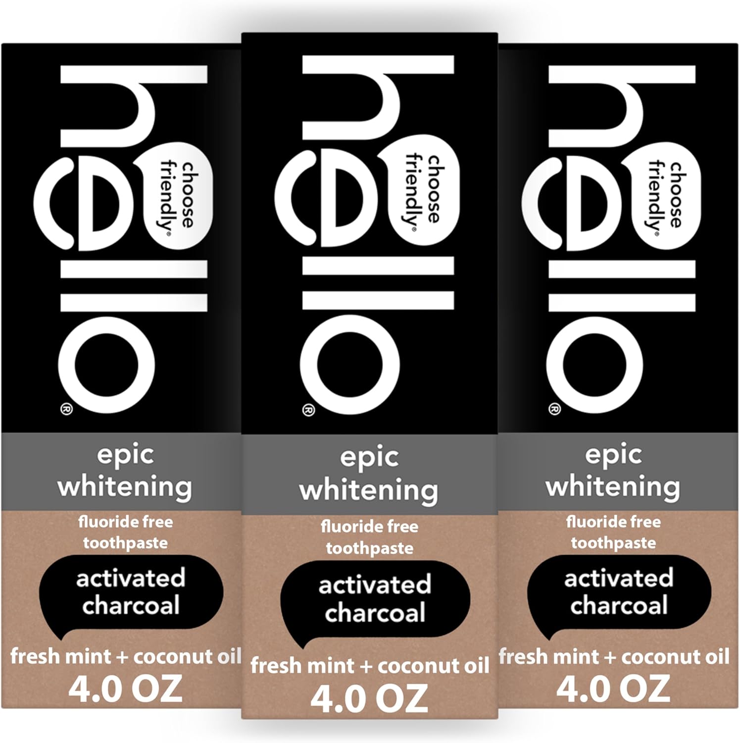 hello Epic Whitening Charcoal Fluoride Free Toothpaste, Activated Charcoal Toothpaste with Coconut Oil, Whitens Teeth Naturally, SLS Free, Fresh Mint, 3 Pack, 4.0 Oz Tubes