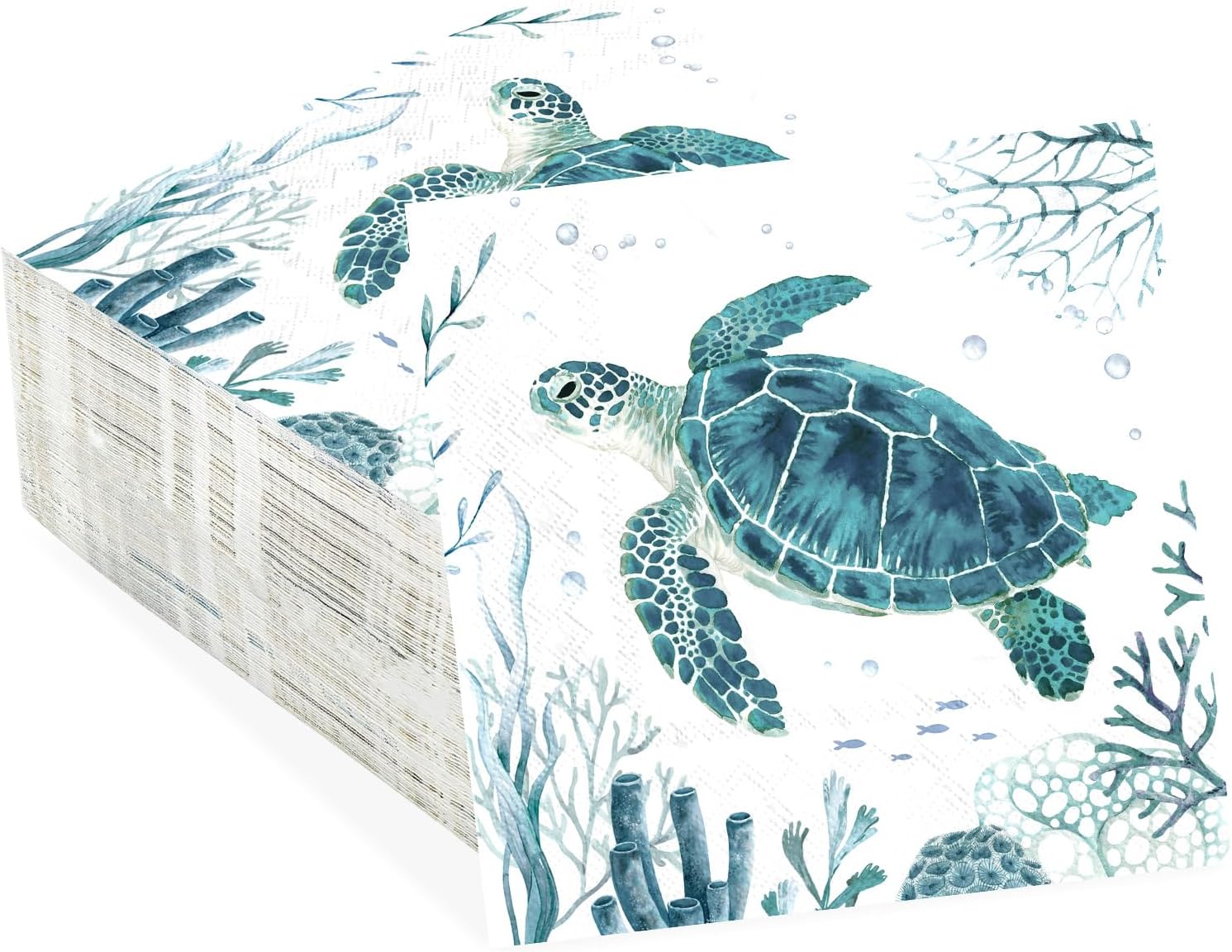 100Pcs Coastal Turtle Paper Napkins 3-ply 6.5'' x 6.5" Disposable Ocean Blue Sea Turtles Dinner Size Napkins Coral Starfish Square Beverage Napkin for Beach Holiday Lunch Dinner Party Kitchen Supplies
