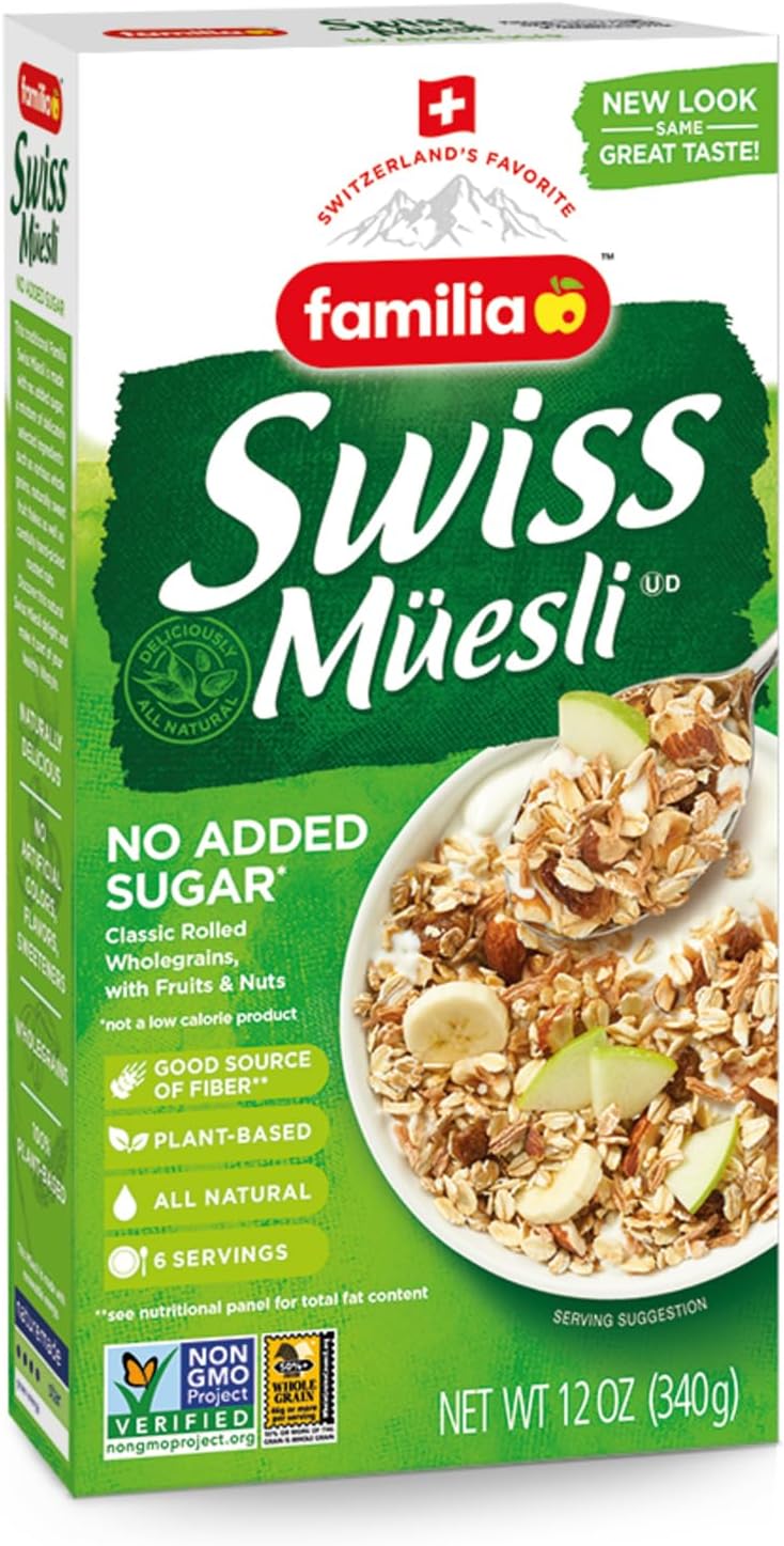 Familia Swiss Muesli Cereal, 0g Added Sugar, Energy-Packed Cereal with Raisins, Hazelnuts and Almonds, 12 Ounce Box (Pack of 1)