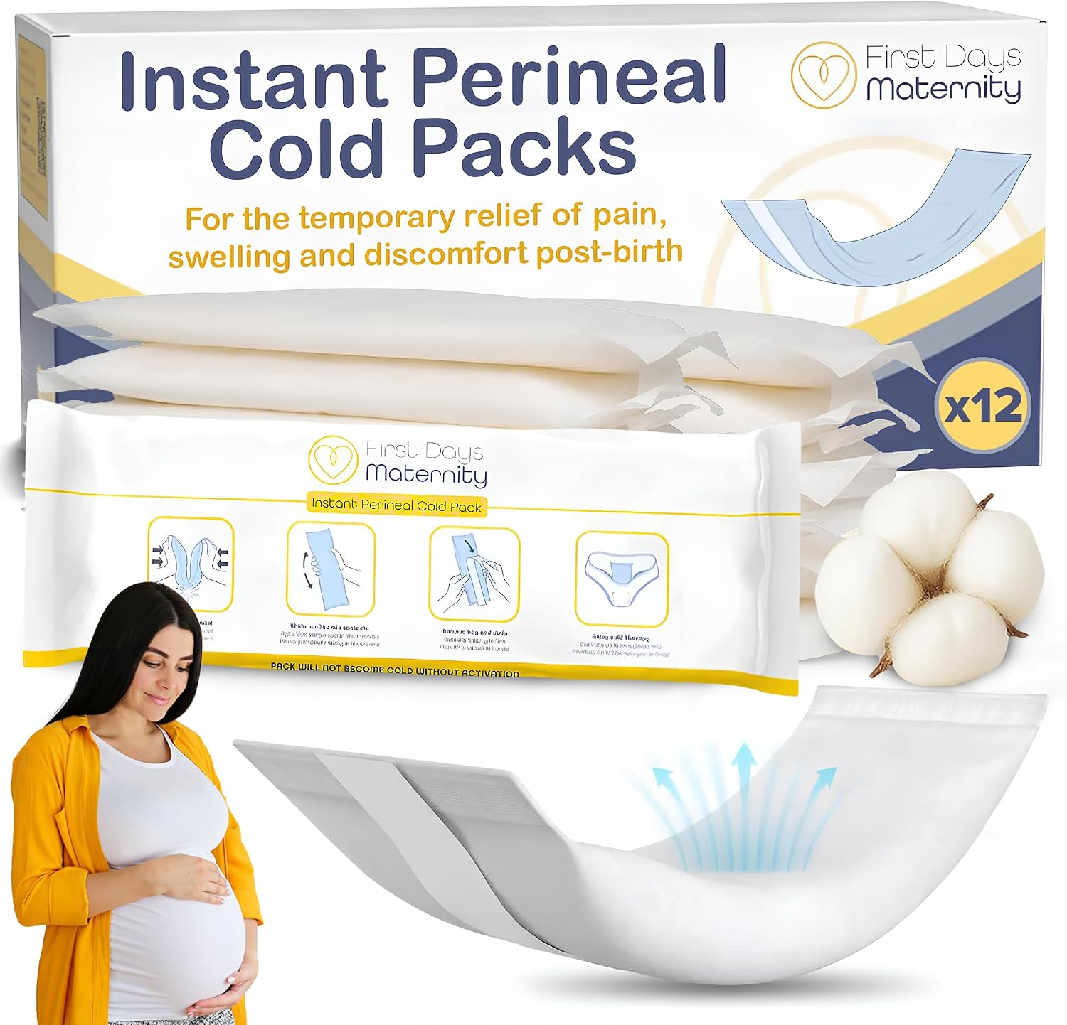 First Days Maternity - 2-in-1 Instant Perineal Cold Packs for Postpartum - Cooling, Absorbent, Disposable - Ideal for Hospital Bag - New Mom Maternity Pad Essentials (12)