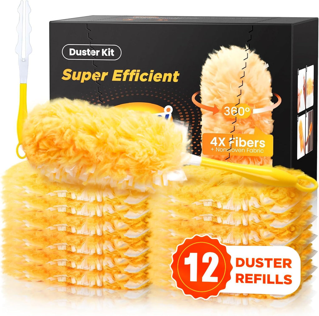 Heavy Duty Duster Refills for Swiffer Duster, 12 Count Duster Refills with 1 Handle, Multisurface 360° Dusters with 4X Microfibers, Unscented Disposable Dusters for Cleaning