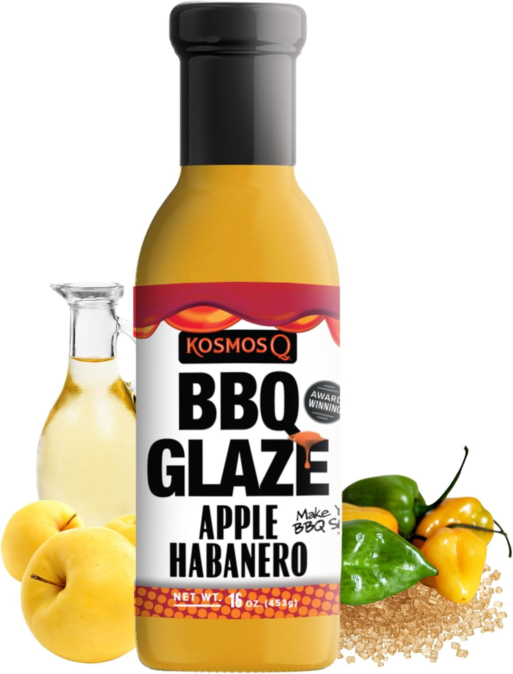 Kosmos Q Apple Habanero BBQ Glaze, Sweet and Spicy Glaze for Ribs, Pork, Chicken, or Brisket, Bold Apple Sauce with Habanero Heat, Competition-Quality BBQ Finish, American Made, 16 Oz Bottle
