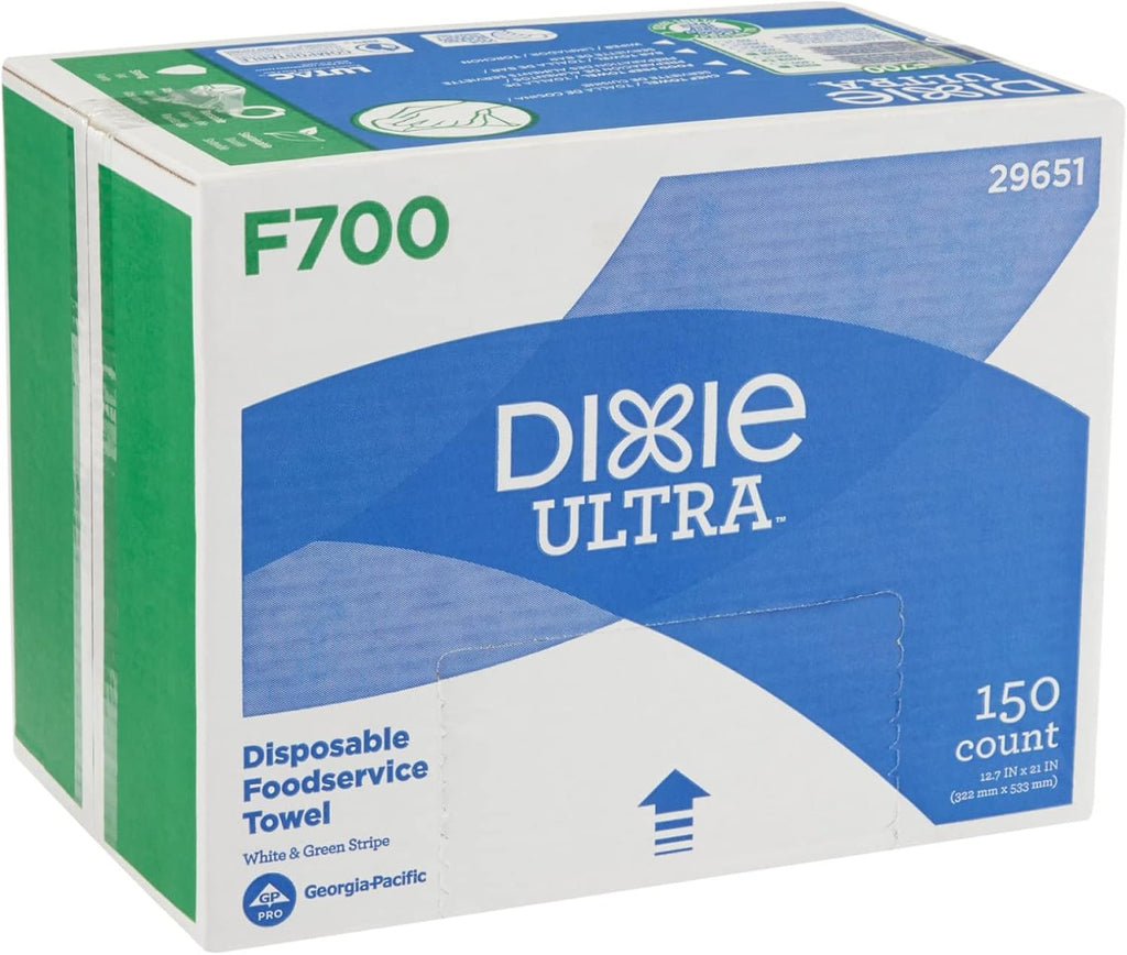 Georgia-Pacific Dixie Ultra F700 Flax Disposable Foodservice Towel by GP PRO (Georgia-Pacific); Environmentally Friendly; White and Green Stripe; 29651; 150 Wipes Per Box; 1 Box Per Case