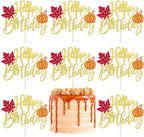 8 Packs Fall Thanksgiving Cake Toppers Set Gold Glitter Maple Leaf Pumpkin Cupcake Topper Happy Birthday Letter Cake Topper Pick for Thanksgiving Day Autumn Theme Party Cake Decoration Supplies