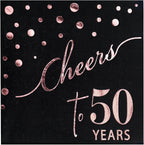 Rose Gold Cheers to 50th Cocktail Napkins Folded 5 x 5 Inches Disposable Party Napkins 3-Ply Paper Beverage Napkins for 50th Birthday Decorations, Wedding Anniversary, Retirement, Black (50 Years)