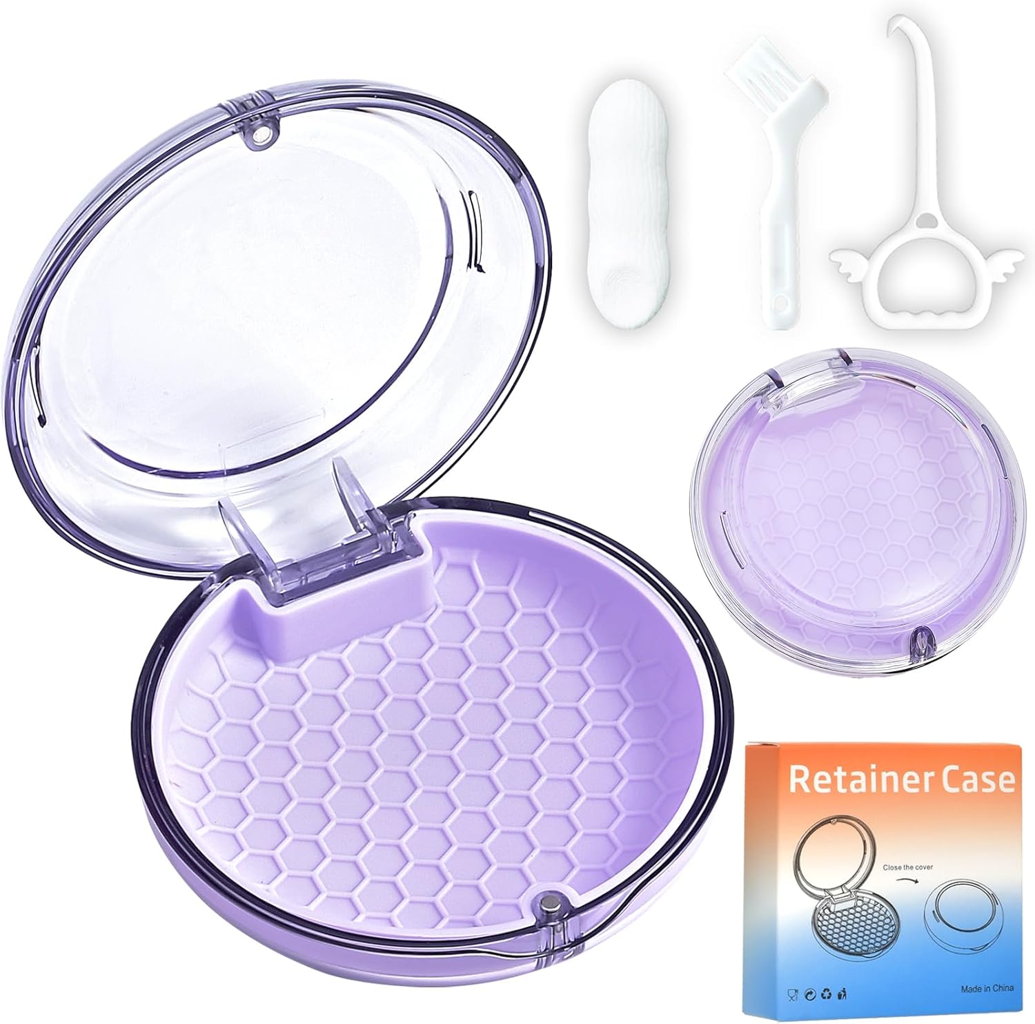 Retainer Case Slim Aligner Case with Vent Holes Cute Dental Brace Box with Retainer Removal Tool and Brush Compatible with Night Guard and Mouth Guard (Clear Purple)