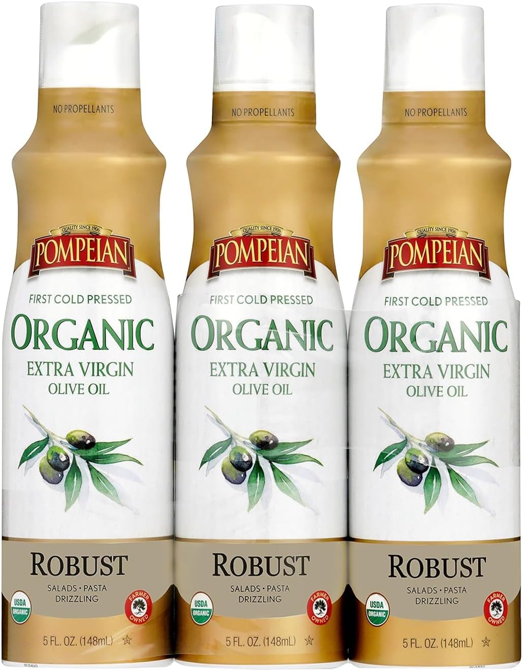 Pompeian Robust Organic Extra Virgin Olive Oil Spray - (3 Pack) 5 fl oz - No Propellants - First Cold Pressed Olive Oil for Cooking - Robust Flavor for Salads, Pasta, and Drizzling