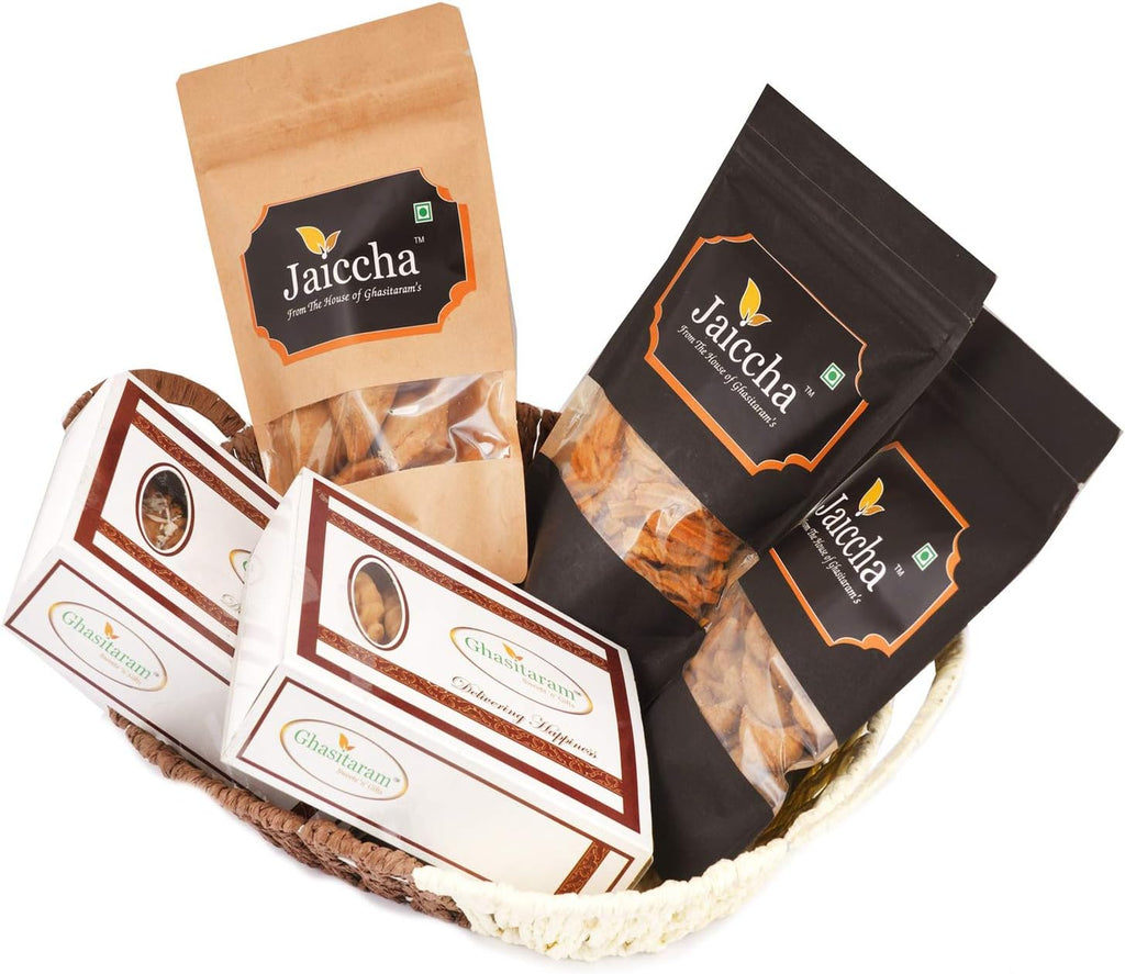 Ghasitaram Gifts Holi Sweets, Holi Gifts, Holi Hamper Brown Basket of Traditional Gujiyas,Dry Sweet Gujiyas,Gujiya Namkeen,SOYA Sticks,Farsaan Samosa & Flavoured Almonds