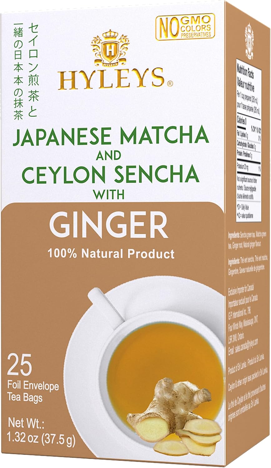 Hyleys Matcha Tea Bags with Ginger - 25 Tea Bags (Japanese Pure Matcha Wellness Green Tea)