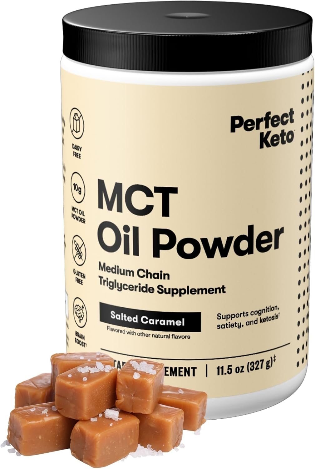 Perfect Keto 7g MCT Oil Powder, Medium Chain Triglycerides Supplement, Non Dairy Coffee Creamer for Keto Diet, Ketogenic MCT Oil Mix for Coffee, Smoothie, Protein Shakes, Salted Caramel, 30 Servings
