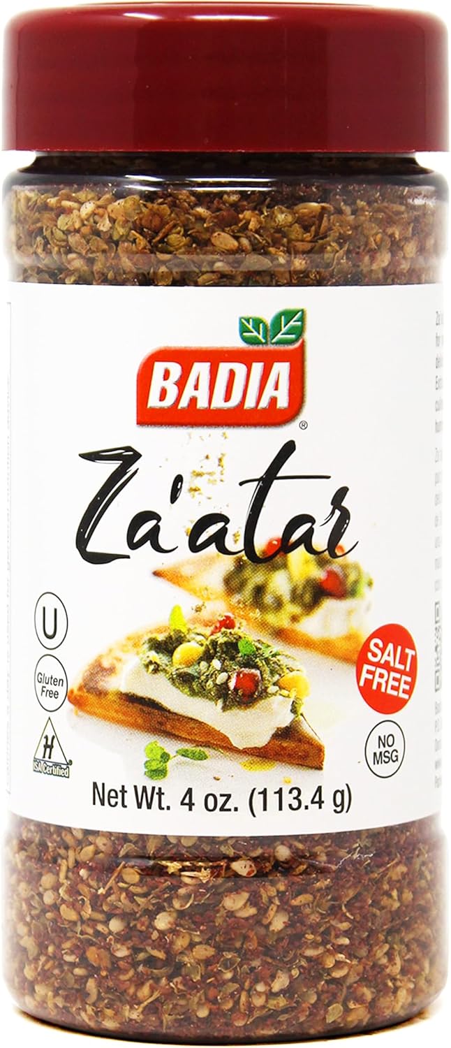 Badia Za'atar Mediterranean Seasoning Zaatar Blend, 4 oz - Sesame Seeds, Sumac, Spices - Salt Free, Kosher, Halal, No MSG & Gluten Free