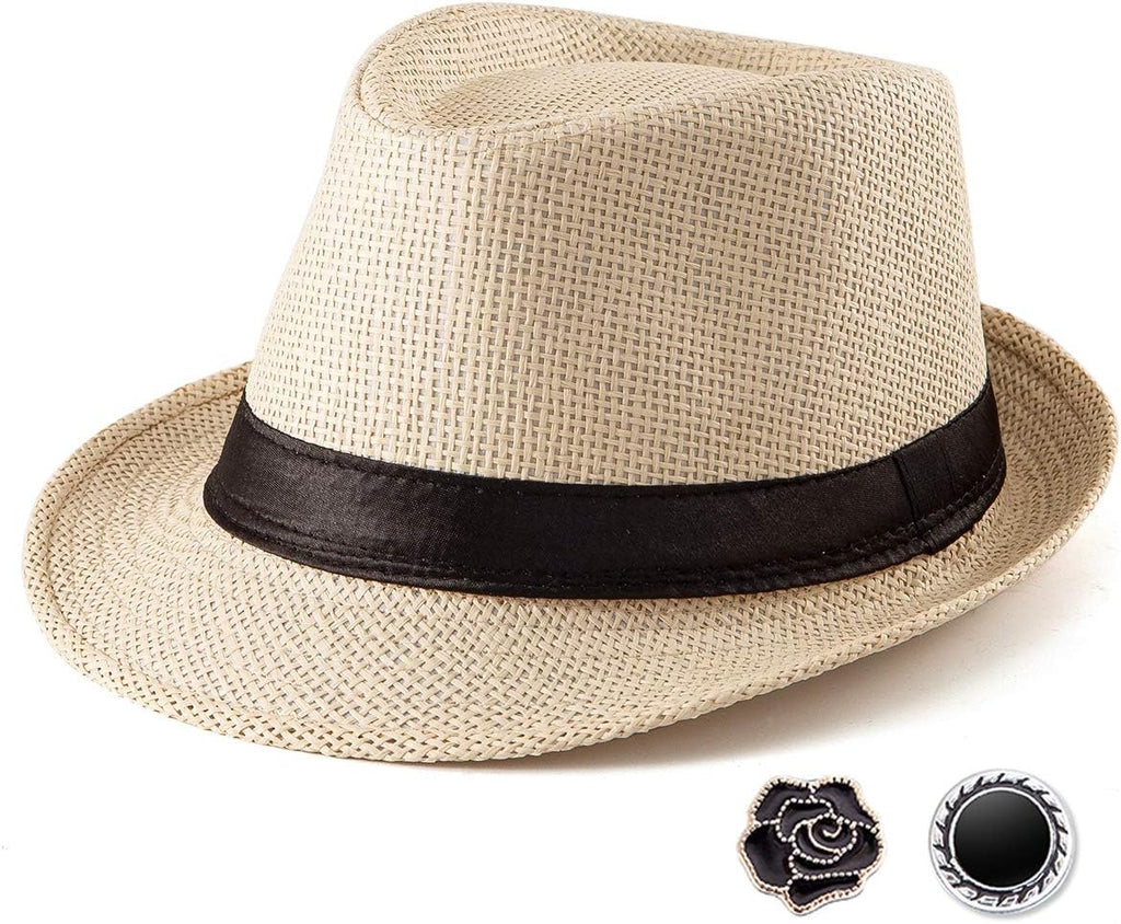 LADYBRO Straw Trilby Fedora Hat for Men 1920s Short Brim Wool Felt Panama Cap 7 1/4