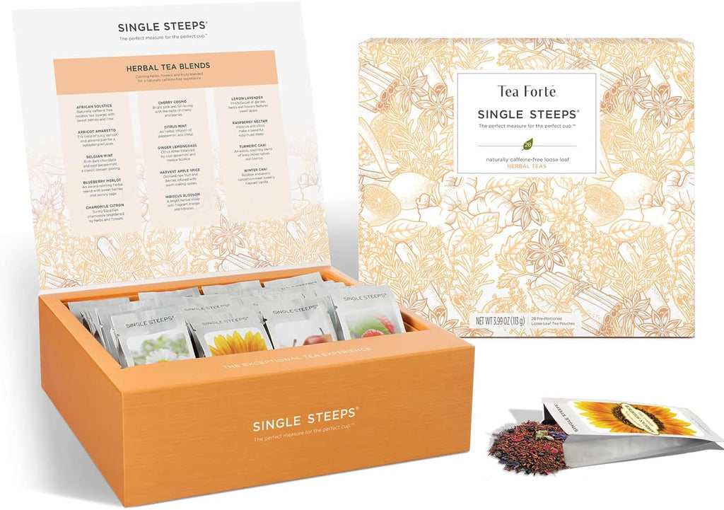 Tea Forte Single Steeps Loose Leaf Tea Sampler Tea Chest, Assorted Variety Tea Box, 28 Single Serve Pouches, Herbal Tea