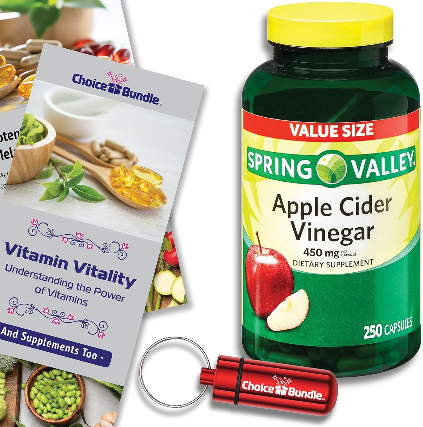 Spring Valley Apple Cider Vinegar Capsules 450 mg Dietary Supplement 250 Ct Plus Vitamin Vitality & Pill Container (3 Items)!