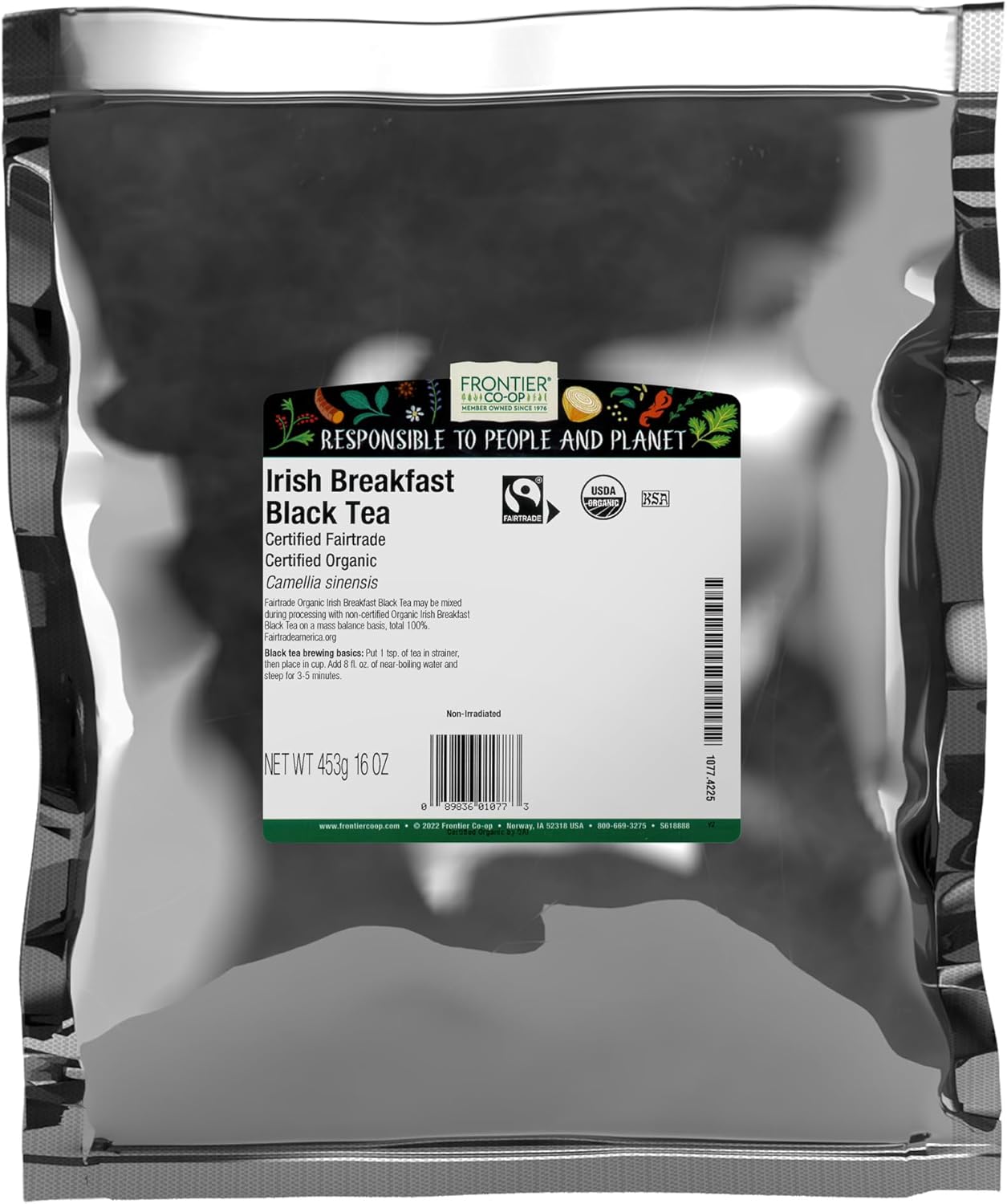 Frontier Co-op Certified Organic Fair Trade Irish Breakfast Tea, 1-Pound Bulk, Rustic, Warm & Bold Black Tea, Kosher,