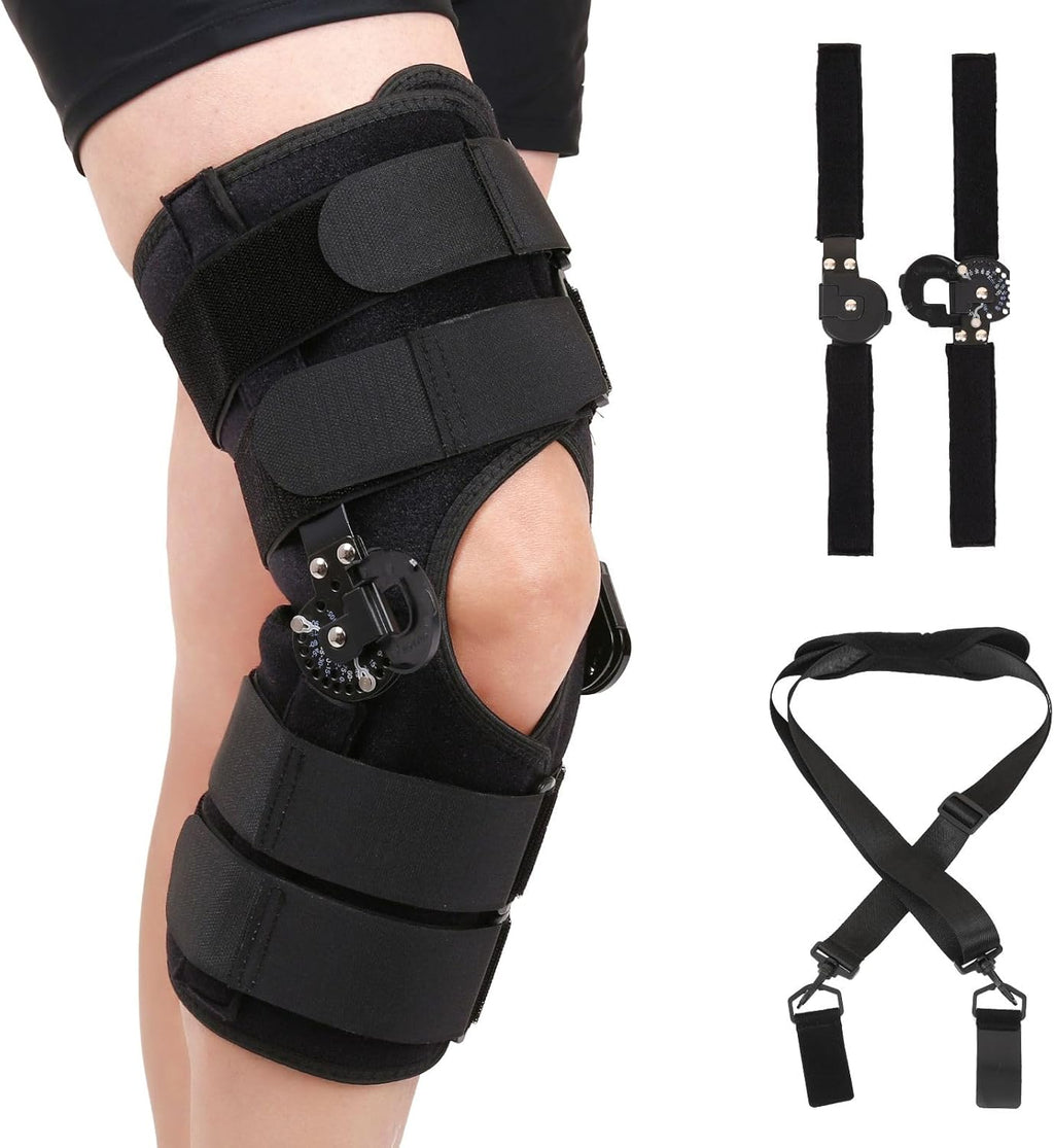 Hinged ROM Knee Brace, Post Op Knee Support Orthosis with Side Stabilizers & Locking Dials for Arthritis, Meniscus Tear, ACL, MCL, Medical ROM Knee Brace for Knee Pain (Upgraded, Small)