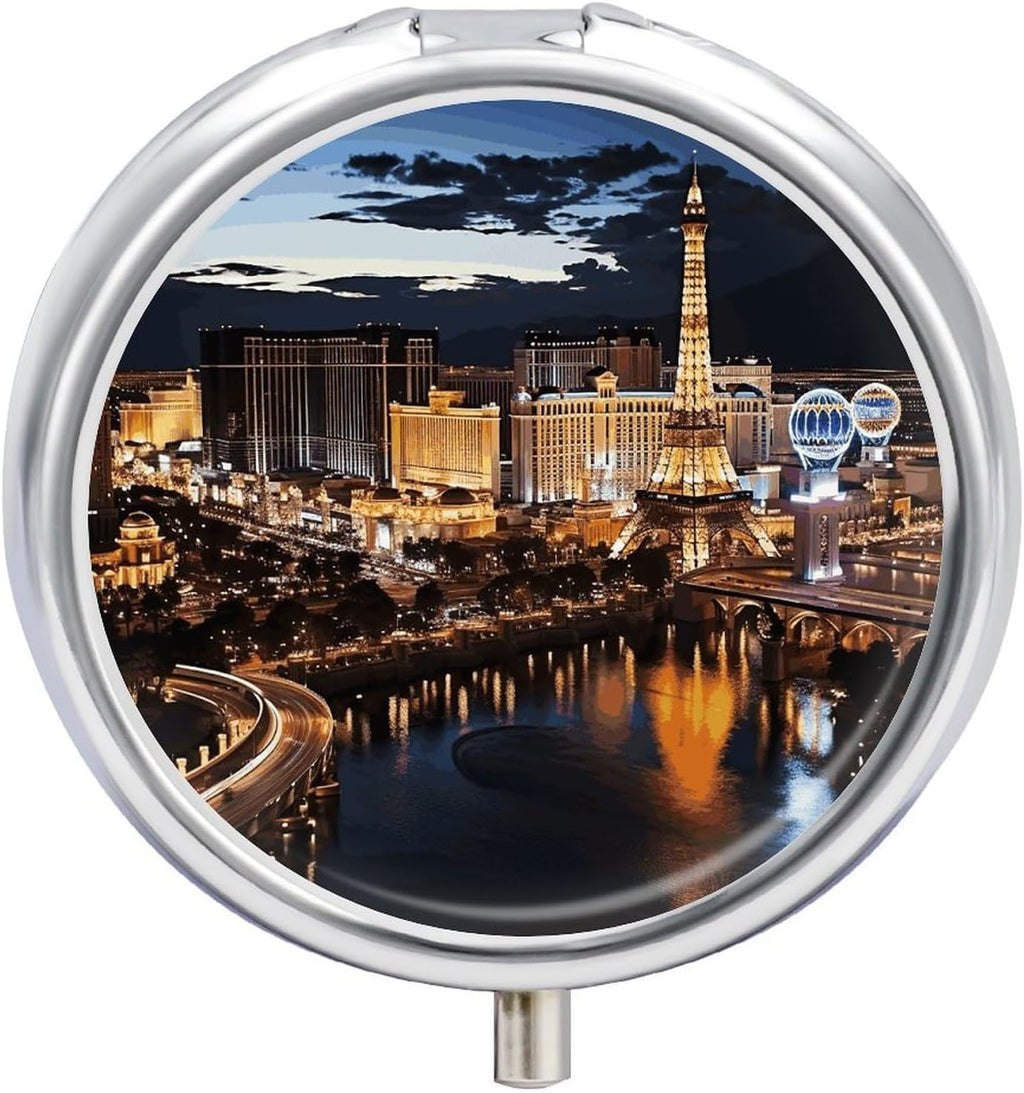 Las Vegas Night View Pill Box Portable Mini Travel Pill Organizer Holder 3 Compartment Decorative Round Pills Case Exquisite Daily Vitamin Container for Cod Liver Oil