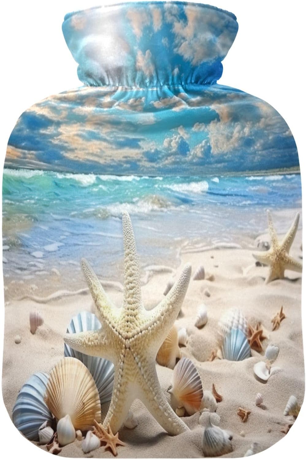 Hot Water Bottle with Cover 1L Warm Water Bottle for Hot and Cold Compress Hot and Cold Therapies,Hand Feet Warmer,Beach Starfish