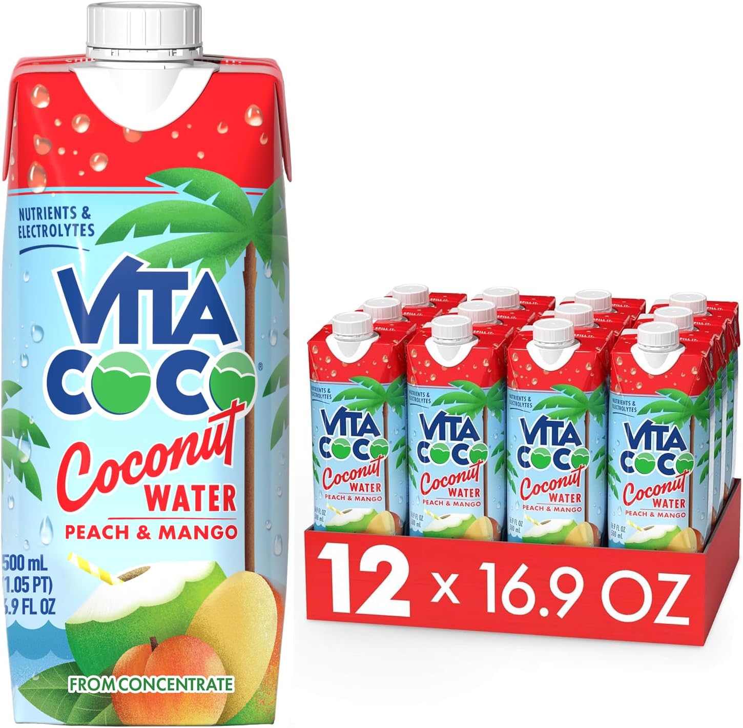 Vita Coco Coconut Water, Peach & Mango - Naturally Hydrating Electrolyte Drink - Smart Alternative to Coffee, Soda, and Sports Drinks - Gluten Free - 16.9 Fl Oz (Pack of 12)