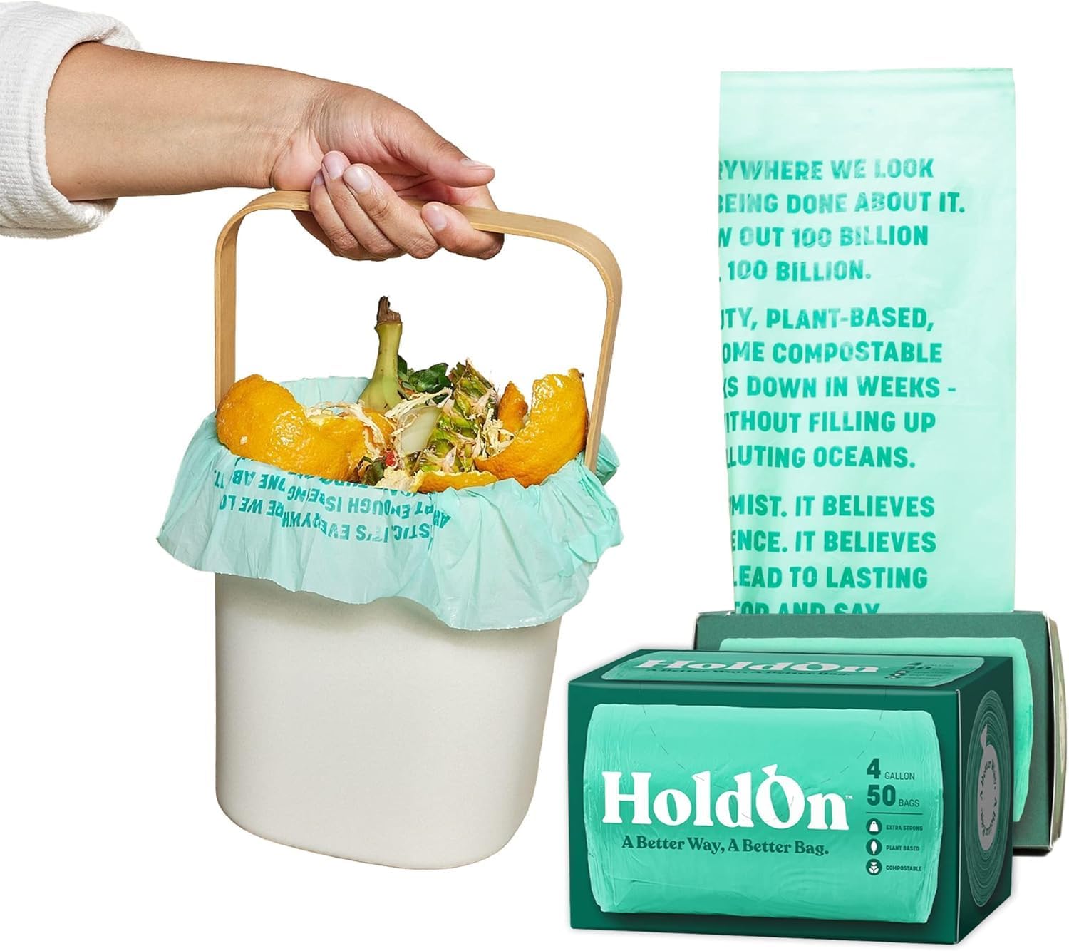 HoldOn Small Trash Bags 4 Gallon - 100 Plant-Based Garbage Bags for Small Trash Bins - Trash Bags for Kitchen Bin (2-pack, 100 bags), 1.0 Count, (HO#4G_2PK)