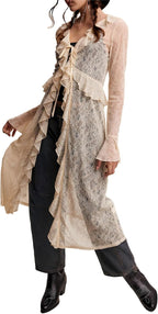 Boho Lace Kimono Cardigans For Women Sexy Mesh Sheer Tie Front Long Sleeve Ruffle Trim Duster Layering Shirt Cover Up
