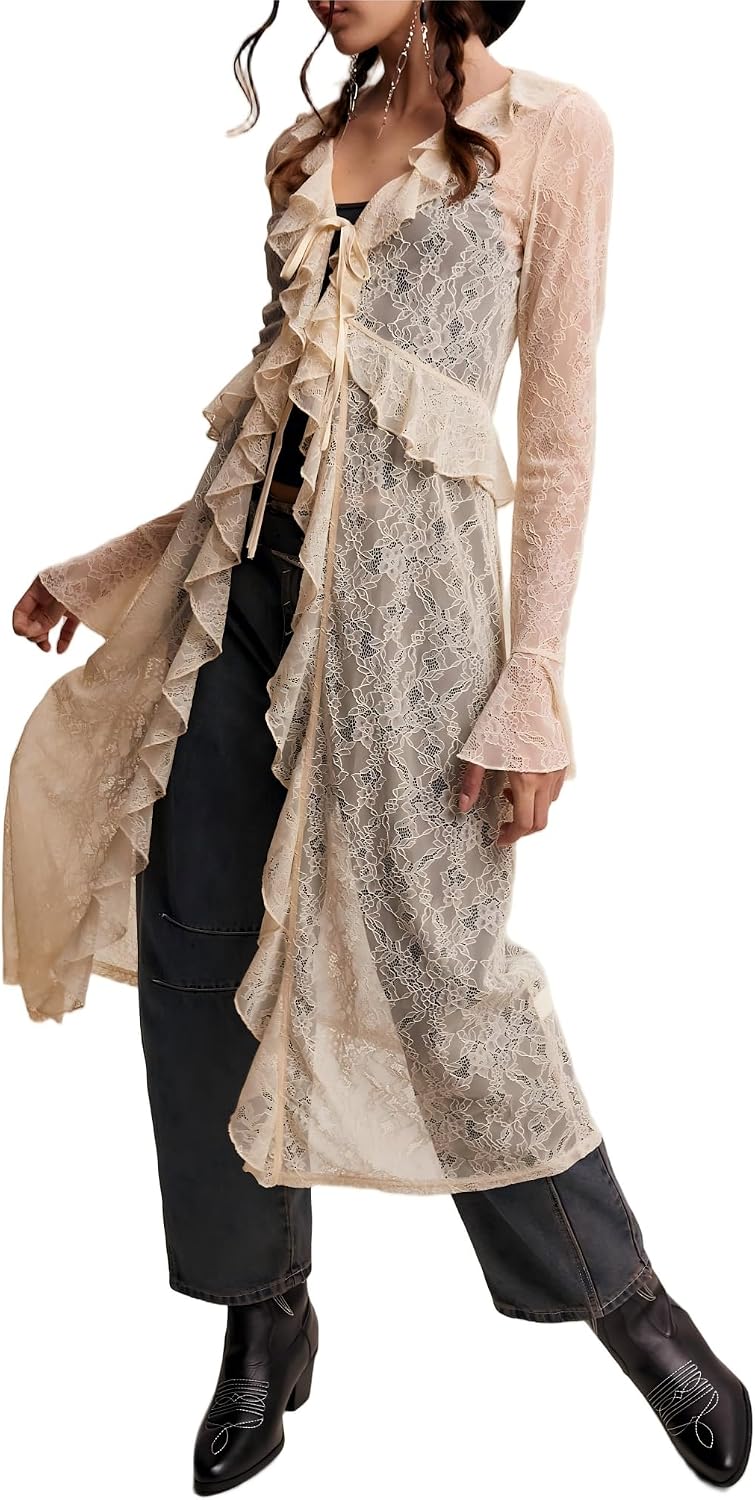 Boho Lace Kimono Cardigans For Women Sexy Mesh Sheer Tie Front Long Sleeve Ruffle Trim Duster Layering Shirt Cover Up