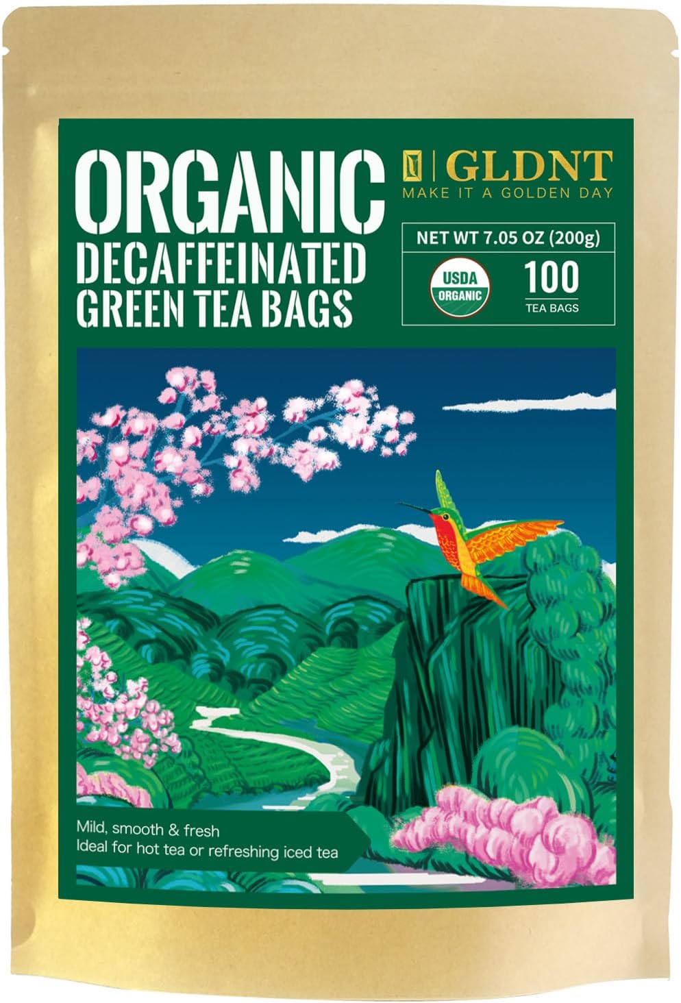 GLDNT Organic Decaf Green Tea Bags, Organic Green Tea Decaffeinated, Smooth Flavor, Super Antioxidant, Iced & Hot Tea, 100 Count
