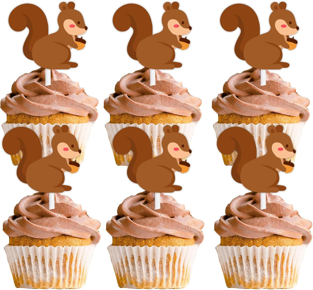 18pcs Brown Glitter Squirrel Dessert Cupcake Topper Baby Shower Theme Decor Supplies Boys Girls Happy Birthday Party Decorations